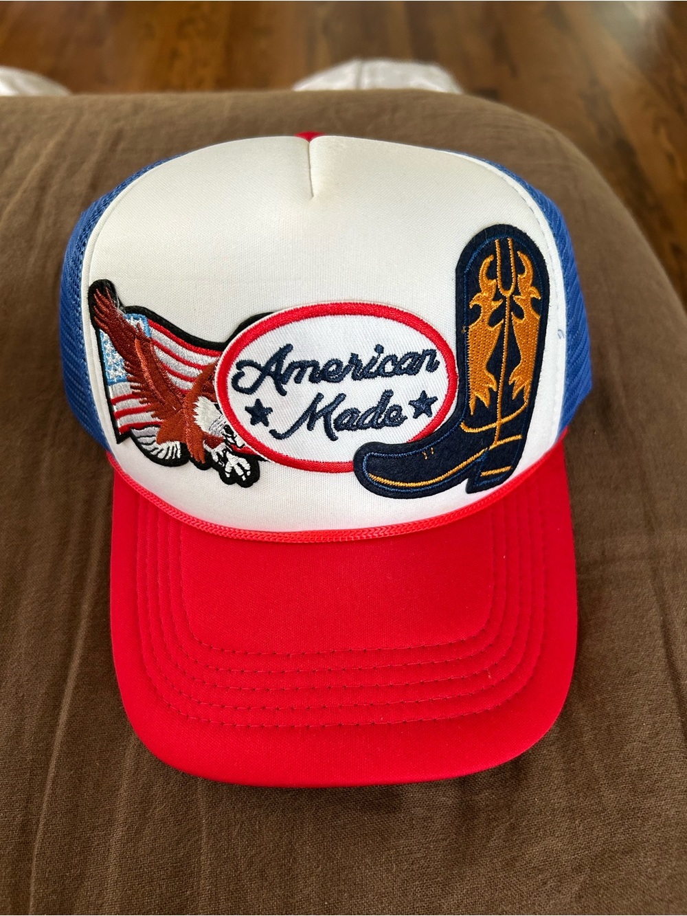 American Made Red White Blue Trucker Hat with Eagle & Boot Patch